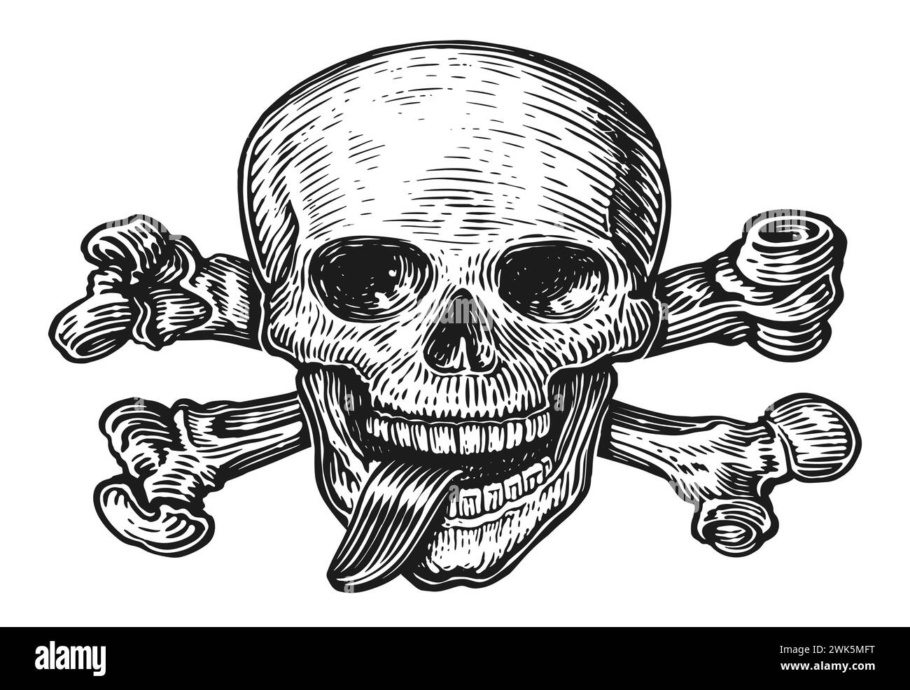 Schädel mit gekreuzten Knochen. Piratensymbol Jolly Roger Skizzengravur. Handgezeichnete Vektorgrafik Stock Vektor