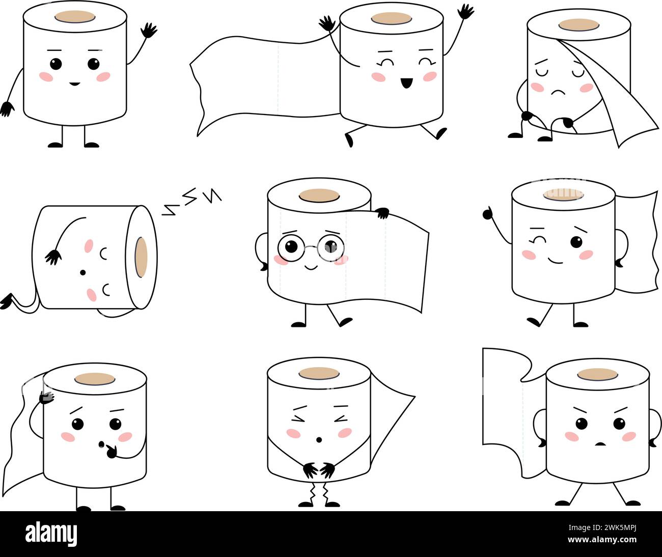 Toilettenpapierfiguren. Lustige Kawaii-Papierrollen mit verschiedenen Emotionen. Niedlicher Hygiene-Charakter, kindliche Erziehungsmaskottchen, anständiges Vektorset Stock Vektor