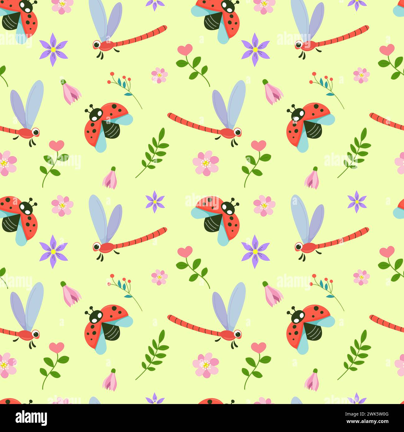 Nahtloses Muster niedlicher Insekten umgeben von Frühlingsblumen. Kawaii-Charaktere im Cartoon-Stil, Marienkäfer und Libelle. Muster-Wickler Stock Vektor