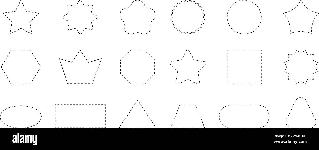 Set aus geometrischen Formen mit gestrichelten Linien. Gepunkteter Kreis, Quadrat, Rechteck, oval, Stern, Krone- und Dreiecksfiguren isoliert auf weißem Hintergrund. Piktogramme hier ausschneiden. Vektorkontur, Abbildung. Stock Vektor