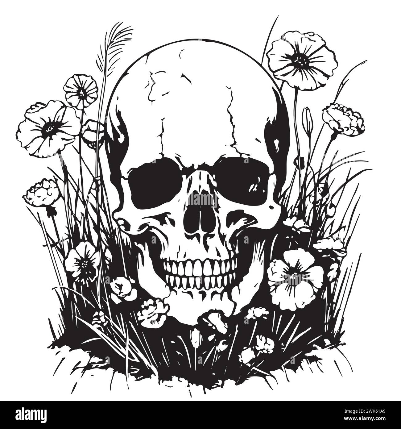 Schädel mit Blumen, mit Rosen. Menschliches Schädelporträt mit Blume. Vektorillustration isoliert auf weißem Hintergrund. Sugar Skull Blumendruck für Hall Stock Vektor
