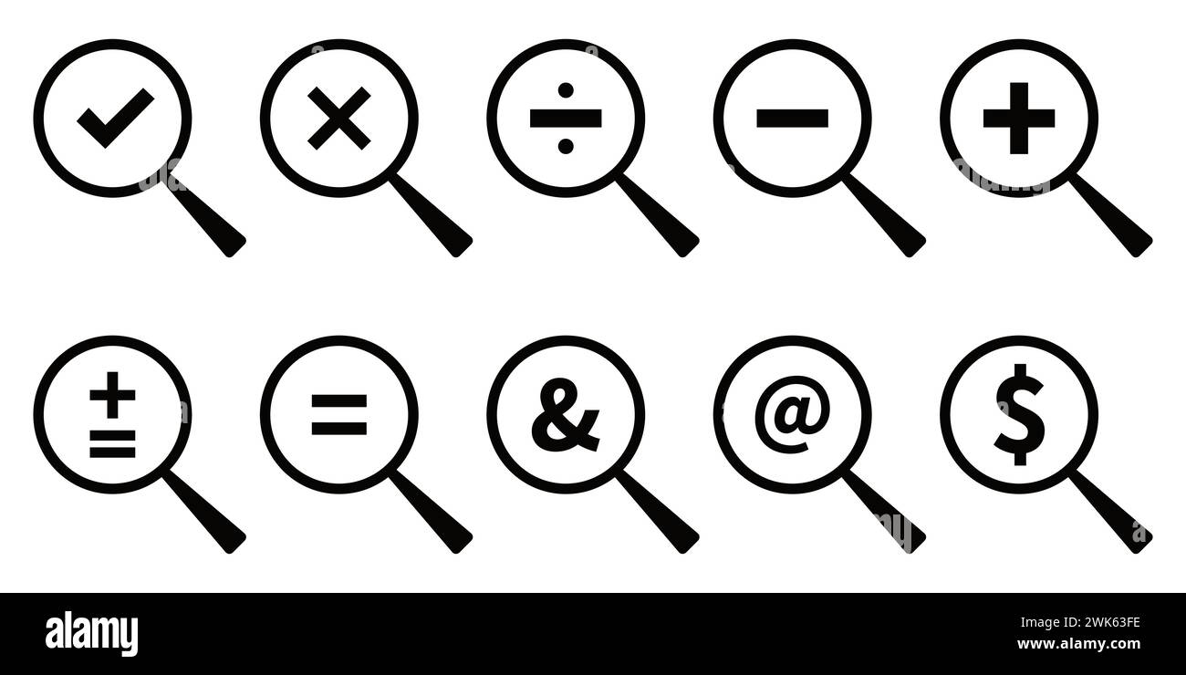 Lupensymbol, Lupensymbol, Lupensymbol mit Minus, Plus-Symbole. Stock Vektor