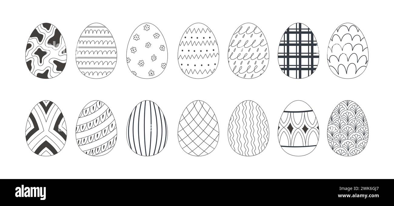 Ostereier im Doodle-Stil. Happy easter Hand gezeichnete Vektor-Illustration. Verschiedene Designs und Muster von Festeiern. Stock Vektor
