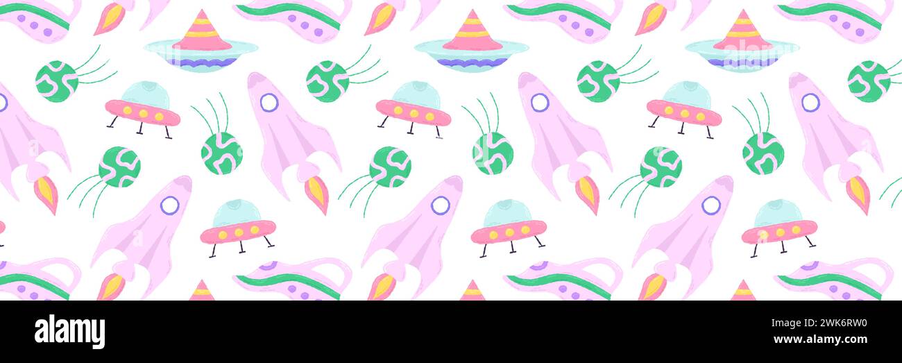 Niedliches nahtloses Muster mit Space-Elementen auf weißem Hintergrund. Handgezeichneter, flacher Cartoon-Stil. Vektorabbildung Stock Vektor