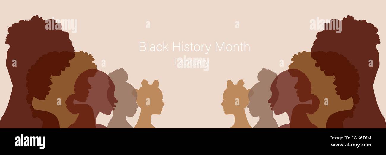 Black History Month Banner, die Leute stehen Seite an Seite. Illustration des flachen Vektors. Stock Vektor