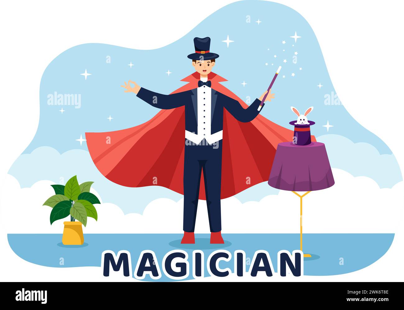 Magician Vector Illustration mit Illusionist, der Tricks beschwört und einen Zauberstab über seinem geheimnisvollen Hut auf einer Bühne in flachem Cartoon Hintergrund winkt Stock Vektor