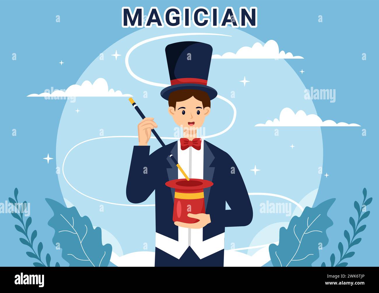 Magician Vector Illustration mit Illusionist, der Tricks beschwört und einen Zauberstab über seinem geheimnisvollen Hut auf einer Bühne in flachem Cartoon Hintergrund winkt Stock Vektor