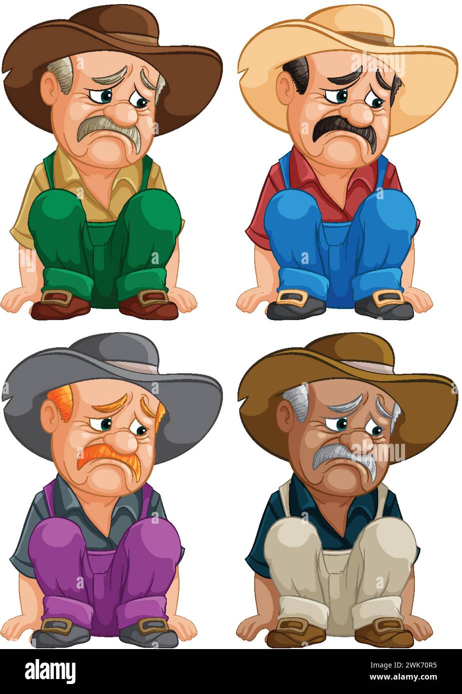 Vier Illustrationen zeigen einen Cowboy mit verschiedenen Emotionen. Stock Vektor