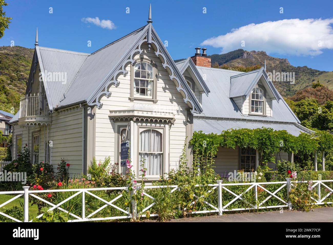 Historisches Gebaeude, Akaroa, Banks Peninsula, Canterbury, Neuseeland Stockfoto