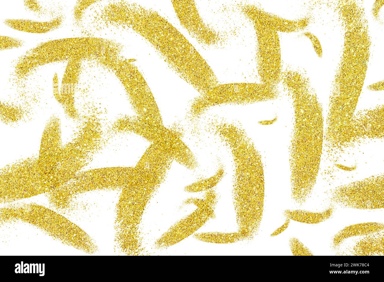 Goldene Glitzerpinselstriche auf weißem isoliertem Hintergrund. Abstrakter Hintergrund Stockfoto