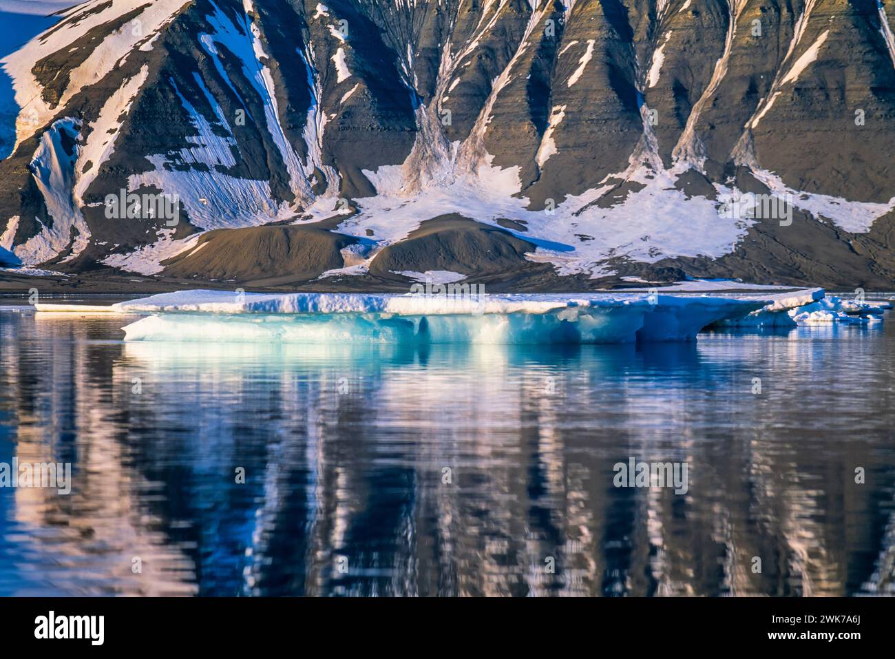Eisscholle in einem bergigen Fjord auf Svalbard Stockfoto