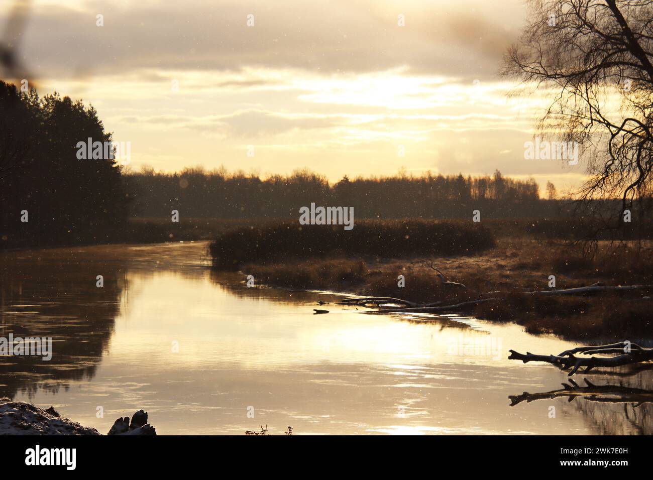 Sanfter Sonnenaufgang über dem ruhigen Fluss Stockfoto