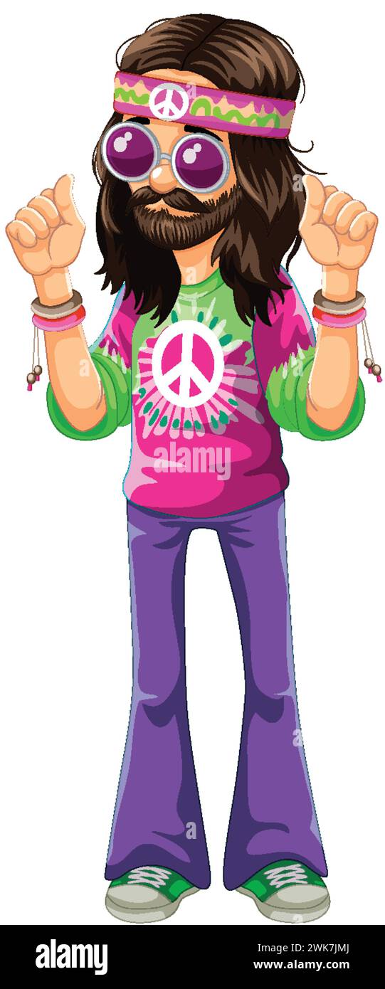 Farbenfroher Cartoon eines Hippies, der Frieden und Liebe fördert Stock Vektor