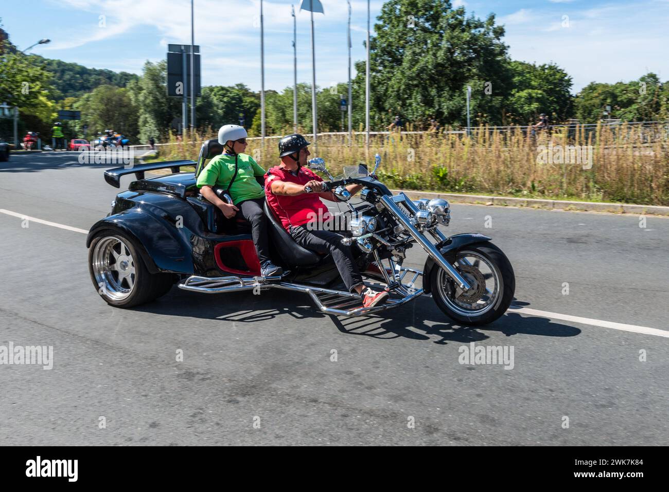 Essen, Deutschland - 21. August 2022: Motorradfahrer auf einem dreirädrigen Motorrad (Trike) während der Essen 2022 Kinderfahrt in Nordrhein-Westfalen, Stockfoto