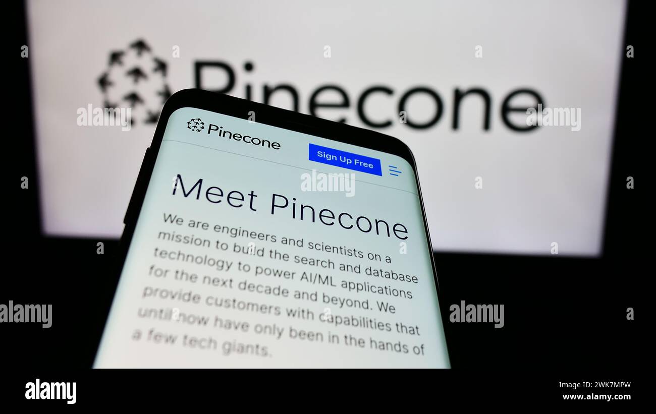 Mobiltelefon mit Website des US-amerikanischen Unternehmens für künstliche Intelligenz Pinecone Systems Inc. Vor dem Logo. Fokussieren Sie sich oben links auf der Telefonanzeige. Stockfoto
