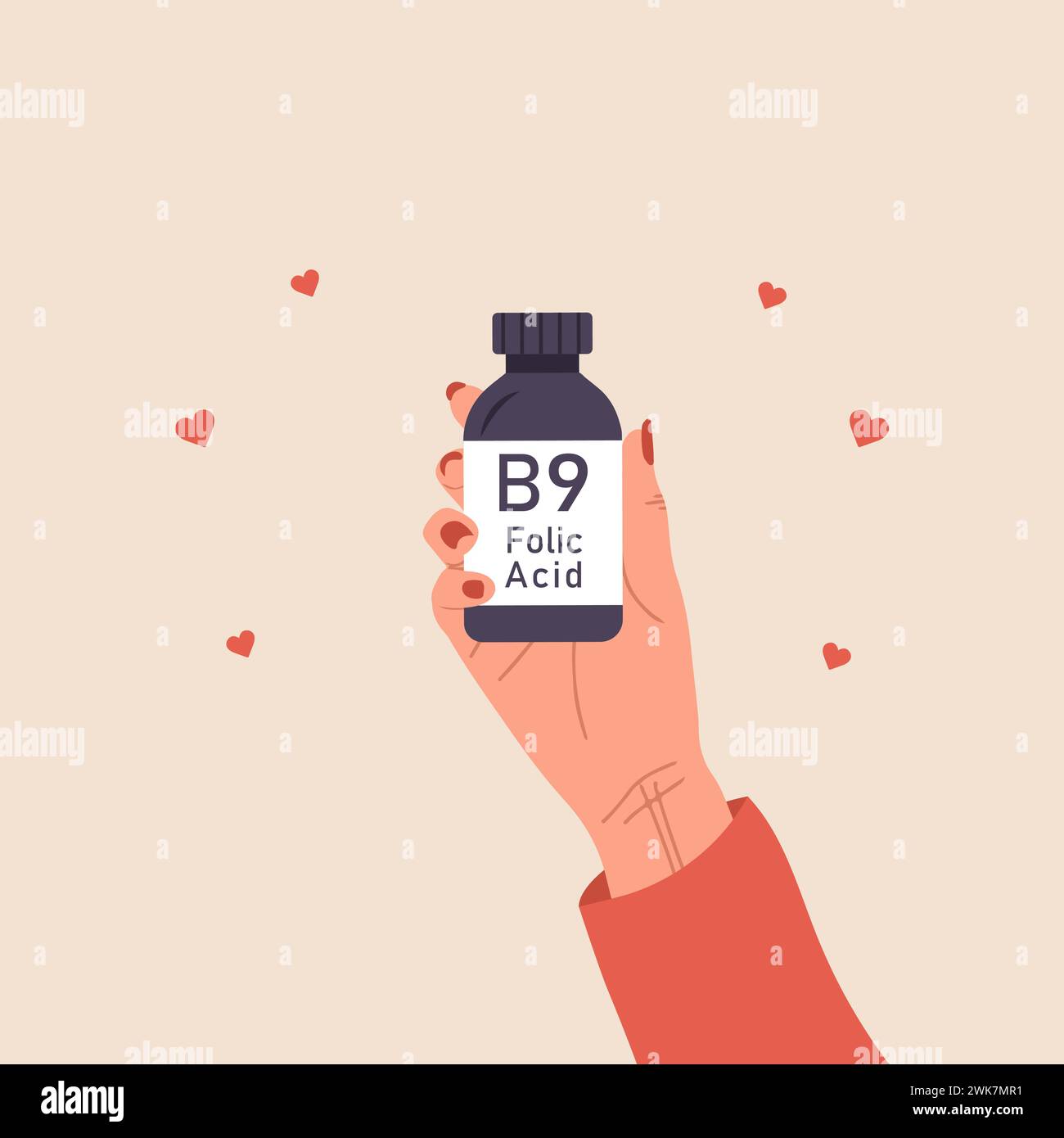 Folsäure. Weibliche Hand mit Vitamin B9. Risikoreduzierung. Frau, die Vitamine für die Gesundheit des Babys nimmt. Nahrungsergänzungsmittel für Schwangere. Vektorabbildung in Stock Vektor