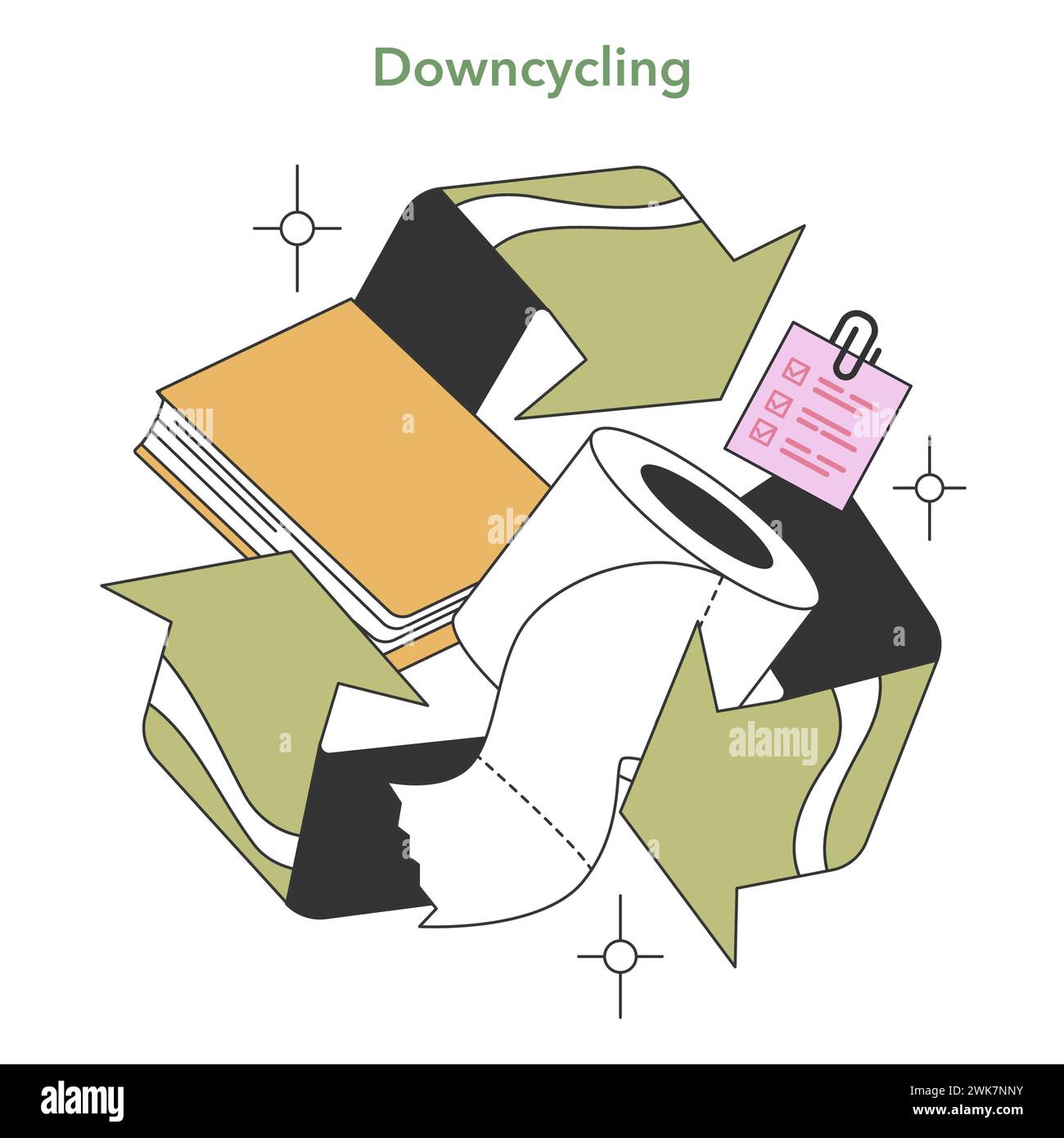 Darstellung des Downcycling-Prozesses. Recycelbare Materialien wie Papier und Papiertücher, die eine geringere Qualität des Recyclings darstellen. Illustration des flachen Vektors Stock Vektor