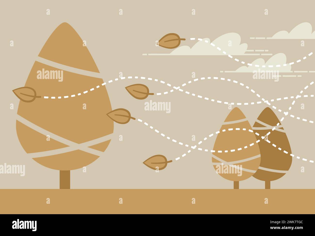 Illustration einer herbstlichen Landschaft mit vom Wind verwobenen Blättern. Zeichnung mit einfachen geometrischen Formen. Stock Vektor