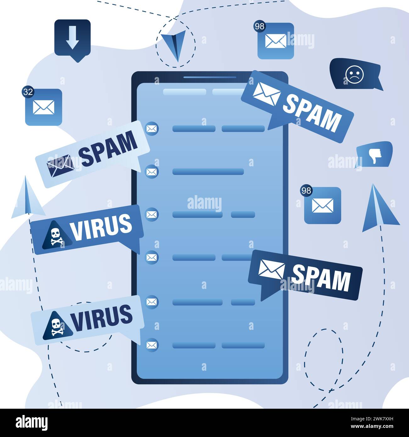 Modernes Mobiltelefon mit E-Mail-Anwendung. Mailing-Werbung, Phishing, Verbreitung von Malware irrelevante unerwünschte Spam-Nachrichten. Spam, unerbetene Nachrichten Stock Vektor