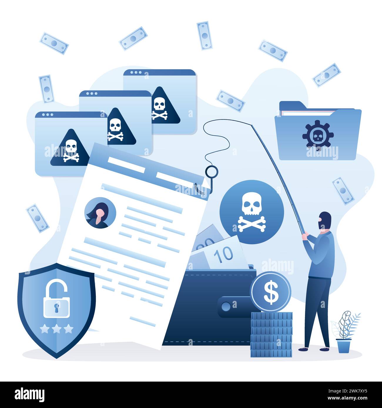 Hintergrund des Data Phishing-Konzepts. Online-Betrug, Malware und Passwort-Phishing. Lustiger Hacker in Maske stiehlt Informationen. Geldbörse mit Geld. Financial Se Stock Vektor