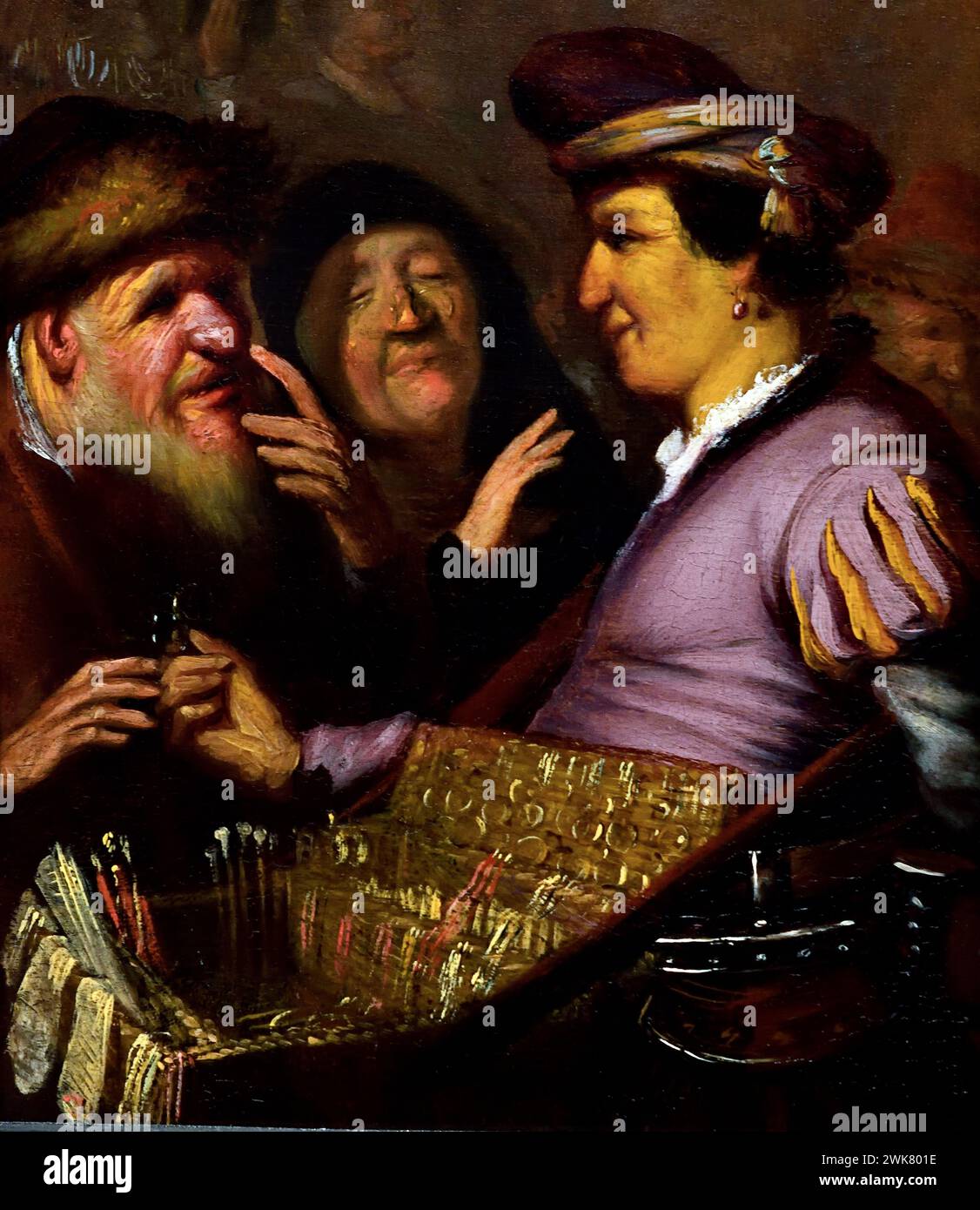 Spektakelverkäufer ( Allegory of Sight ) 1624-1625 von Rembrandt Harmensz (Harmenszoon) van Rijn 1606–1669 Niederlande Niederlande ( REMBRANDT's FOUR SENSES – SEINE ERSTEN GEMÄLDE ) Spektakelhändler. Stockfoto