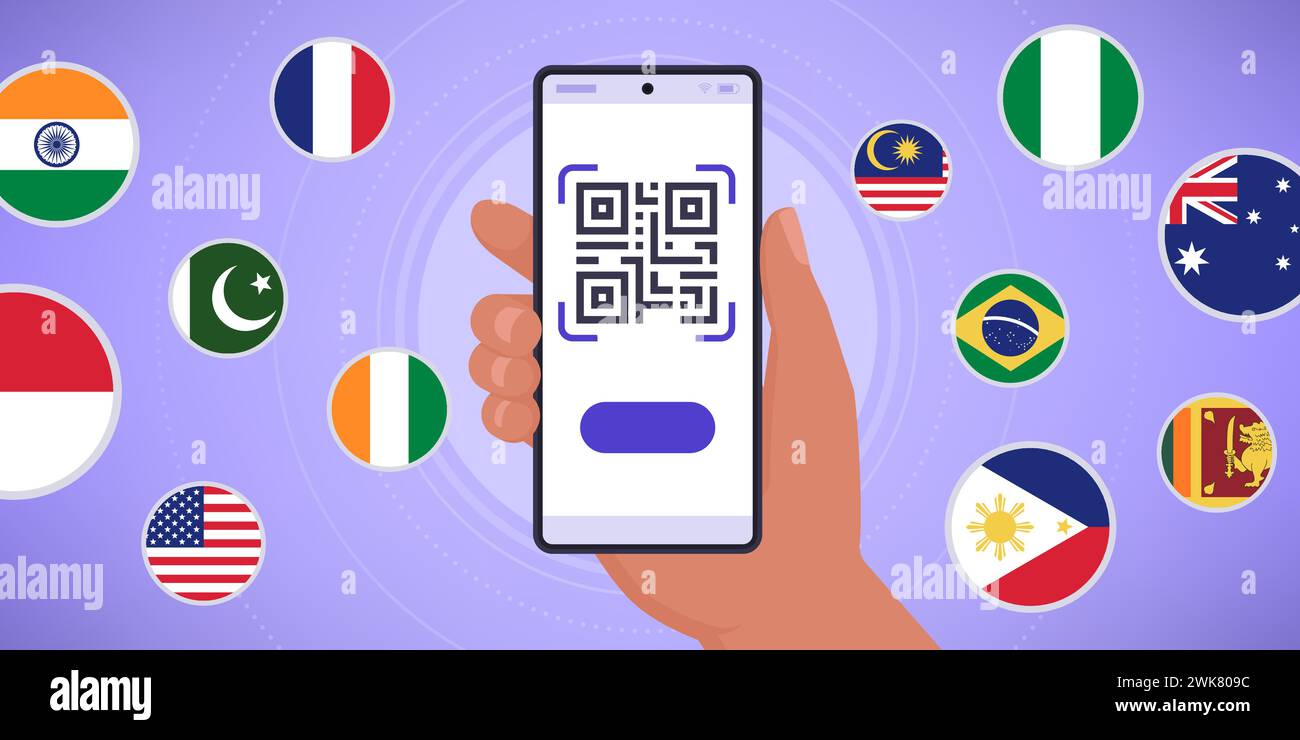 Hand hält ein Smartphone mit QR-Code und internationalen Flaggen: Zahlungen, Geldtransfer und Währungsumtausch-App Stock Vektor