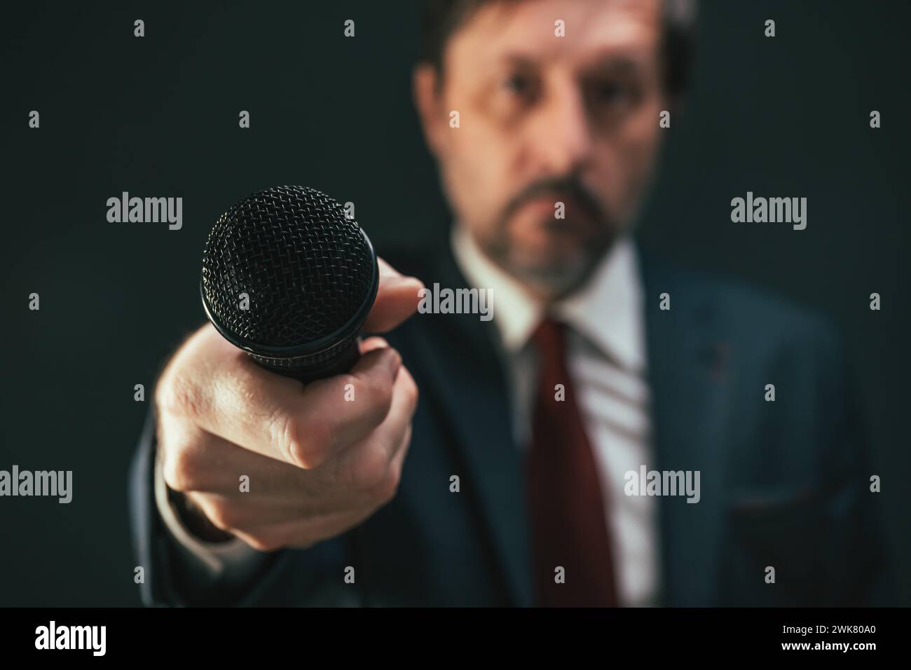 Journalist, der während des Interviews das Mikrofon auf die Ansicht zeigt, First-Person-pov, selektiver Fokus Stockfoto
