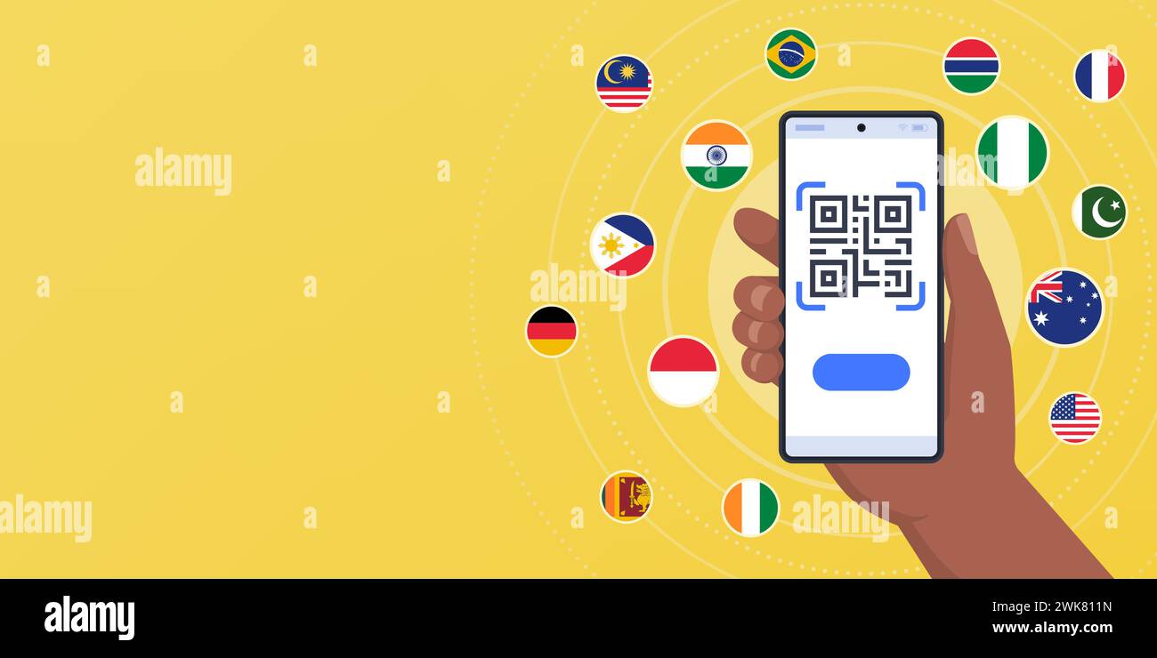 Hand hält ein Smartphone mit QR-Code und internationalen Flaggen: Zahlungen, Geldtransfer und Währungsumtausch-App Stock Vektor