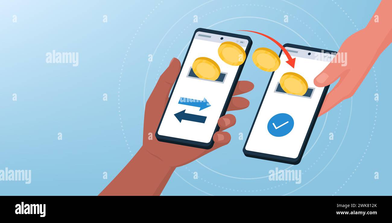Benutzer, die Geld online über Apps auf ihrem Smartphone senden: P2P-Zahlungen und Geldtransfer-Konzept Stock Vektor