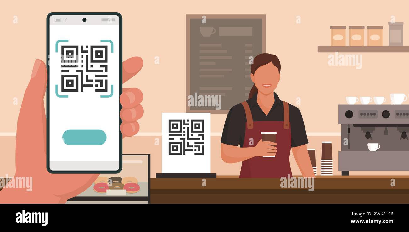 Kunde, der ein Smartphone hält, scannt und mit einem QR-Code in einem Café bezahlt Stock Vektor