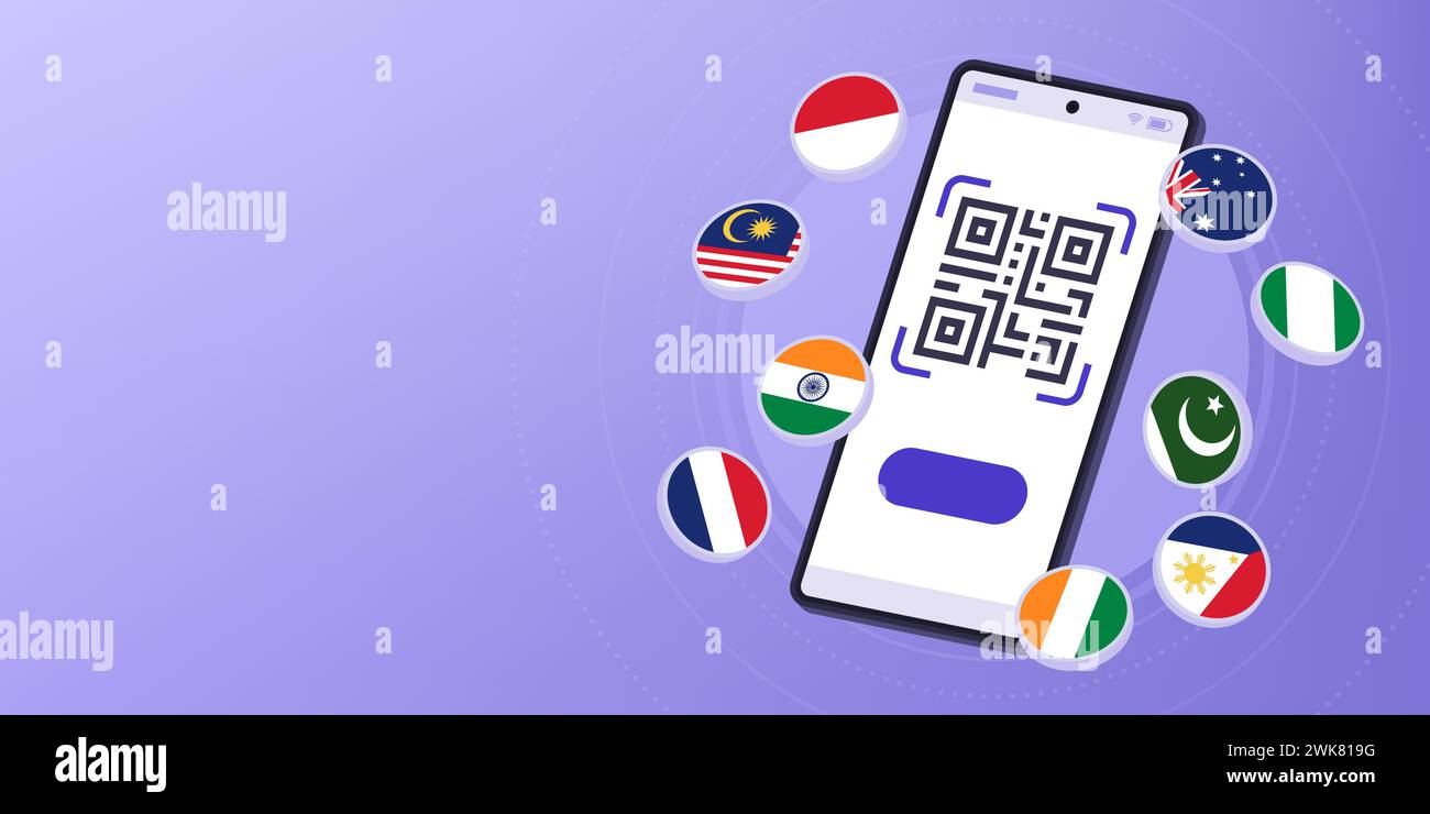 QR-Code auf dem Smartphone-Bildschirm und internationale Flaggen: Mobile Geldbörse, Geldtransfer, Zahlungen und Geldwechsel Stock Vektor