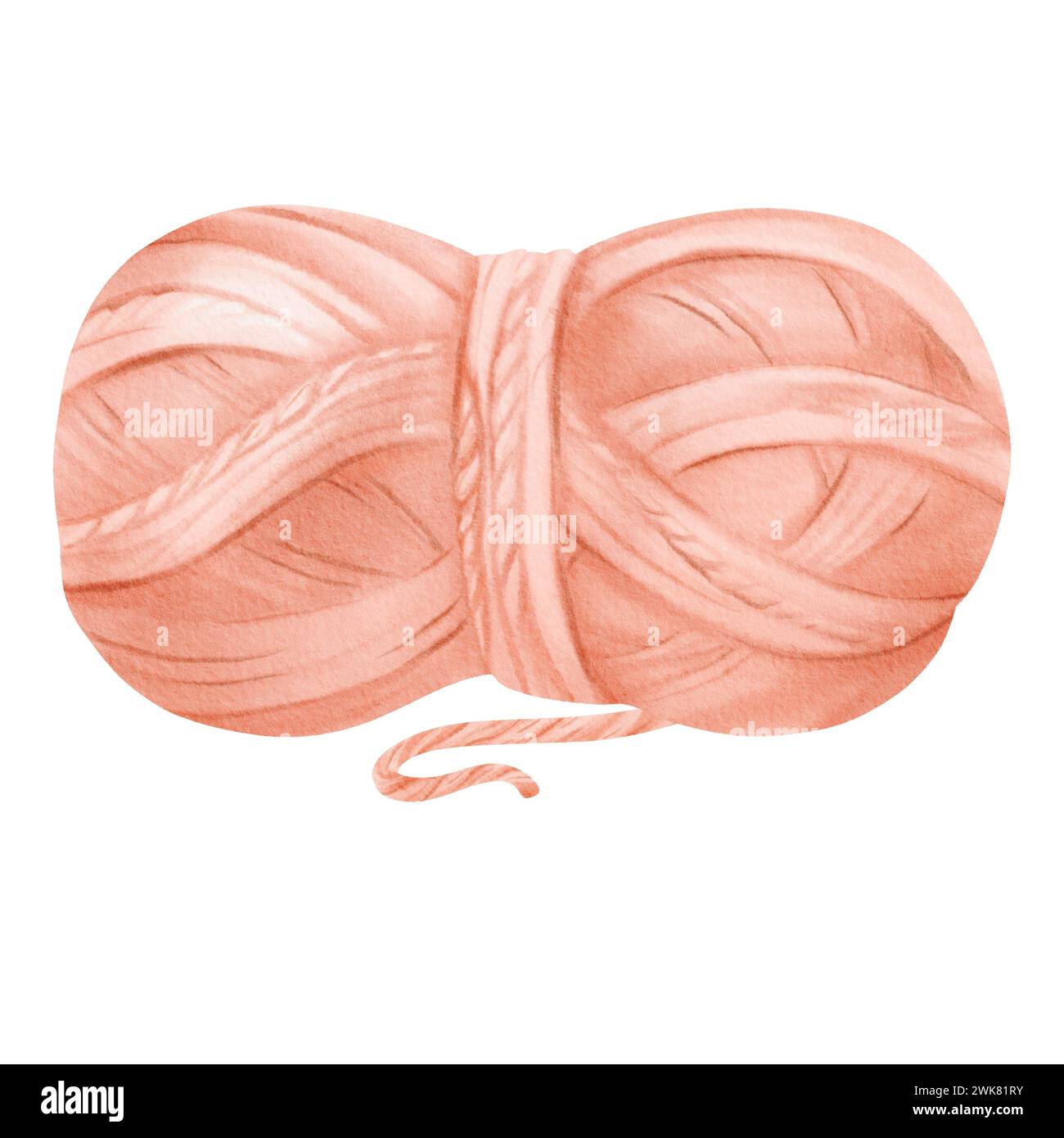 Eine Aquarelldarstellung einer rosafarbenen Fadenspule. Aus Wolle und Baumwollfasern. Für Handwerker, Nähereien, Textilhersteller Stockfoto