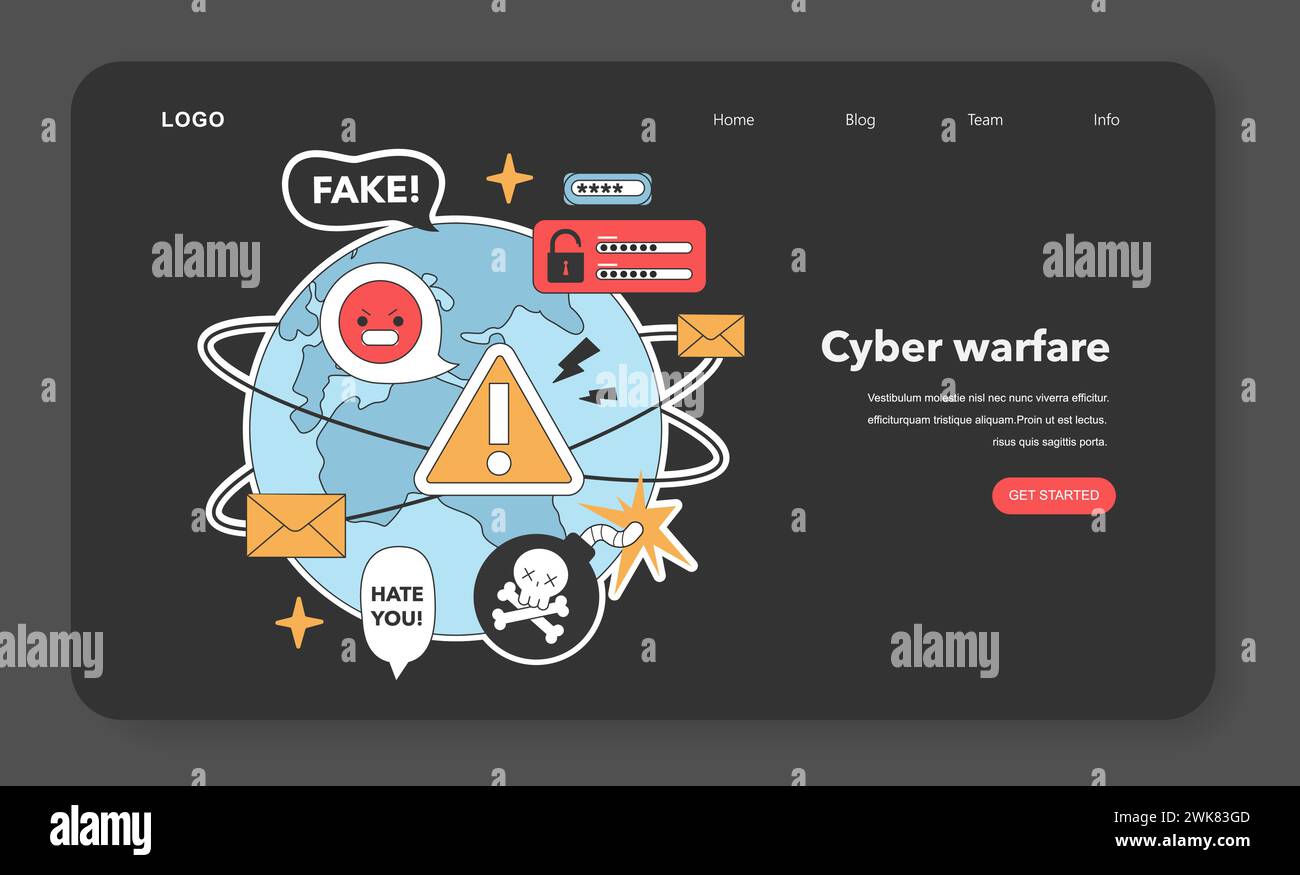 Der digitale Globus wird belagert: Wut, Hassbotschaften und Desinformation flackern auf, während der Cyberkrieg eskaliert und die Bedrohung durch Fake News auf globaler Ebene signalisiert. Illustration des flachen Vektors. Stock Vektor