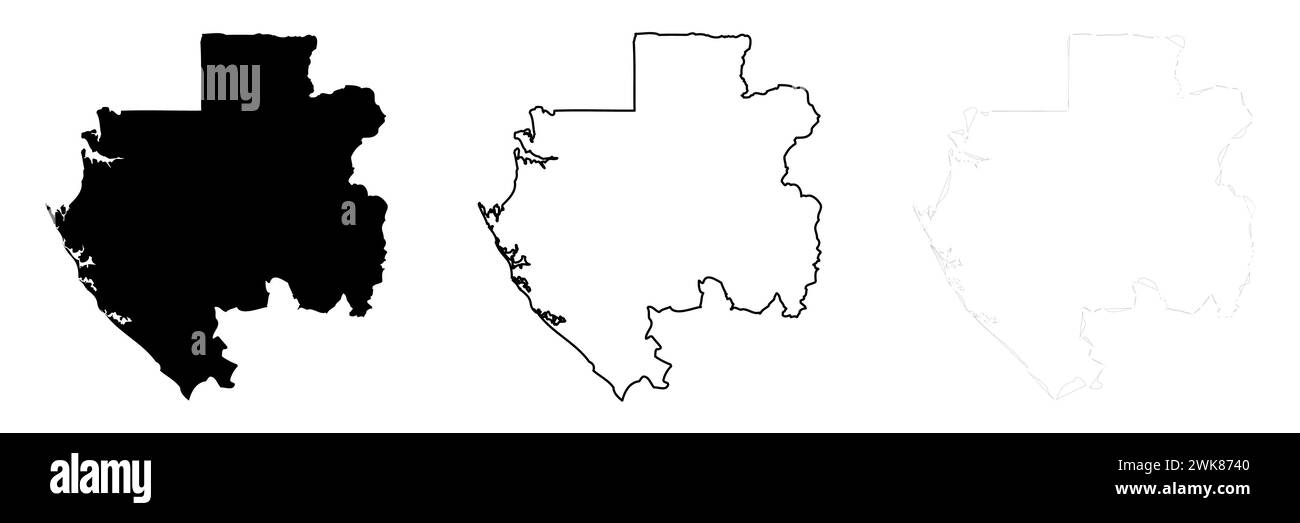 Gabon Country Silhouette. Set aus 3 hochdetaillierten Karten. Durchgehende schwarze Silhouette, dicker schwarzer Umriss und dünner schwarzer Umriss. Vektorillustration isoliert auf weißem Hintergrund. Stock Vektor
