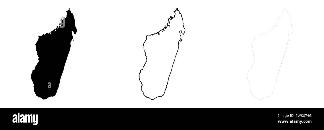 Madagaskar Country Silhouette. Set aus 3 hochdetaillierten Karten. Durchgehende schwarze Silhouette, dicker schwarzer Umriss und dünner schwarzer Umriss. Vektorillustration isoliert auf weißem Hintergrund. Stock Vektor