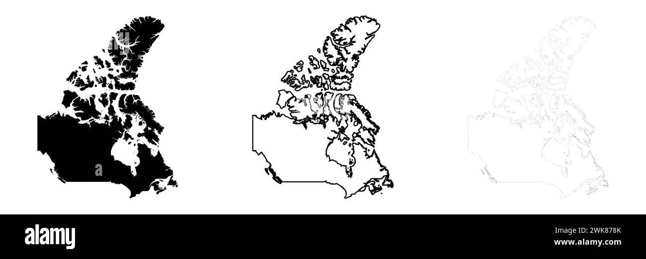 Silhouette des kanadischen Landes. Set aus 3 hochdetaillierten Karten. Durchgehende schwarze Silhouette, dicker schwarzer Umriss und dünner schwarzer Umriss. Vektorillustration isoliert auf weißem Hintergrund. Stock Vektor