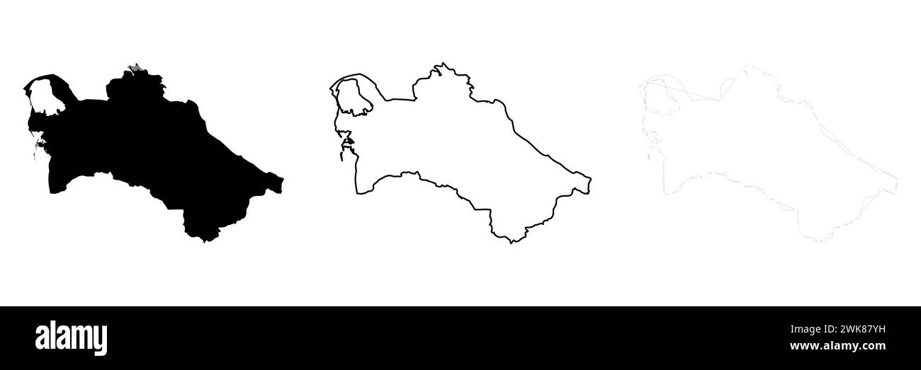 Turkmenistan Country Silhouette. Set aus 3 hochdetaillierten Karten. Durchgehende schwarze Silhouette, dicker schwarzer Umriss und dünner schwarzer Umriss. Vektorillustration isoliert auf weißem Hintergrund. Stock Vektor
