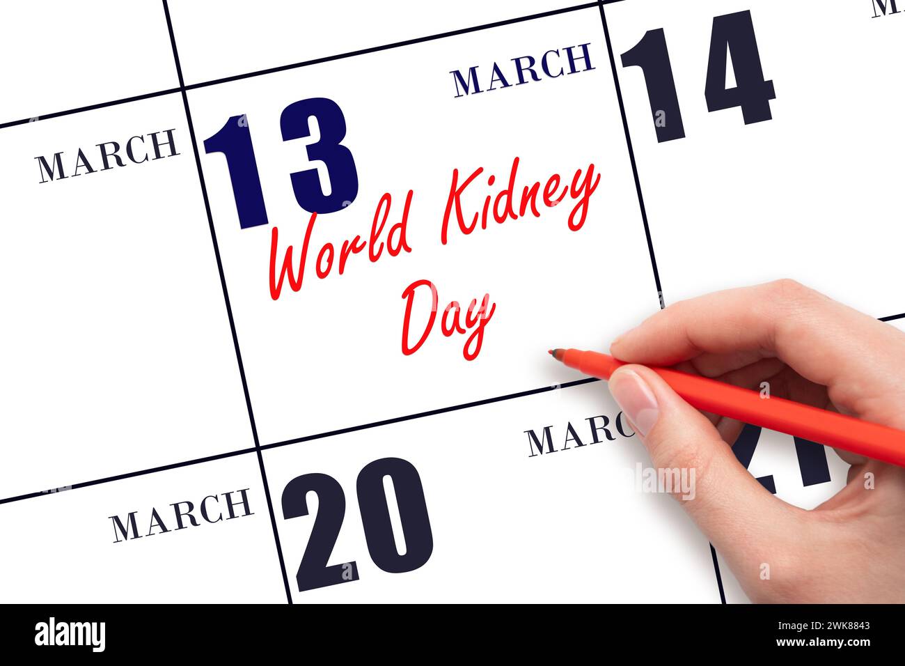 März. Handschrift zum Weltnierentag am Kalenderdatum. Speichern Sie das Datum. Urlaub. Tag des Jahres-Konzept. Stockfoto
