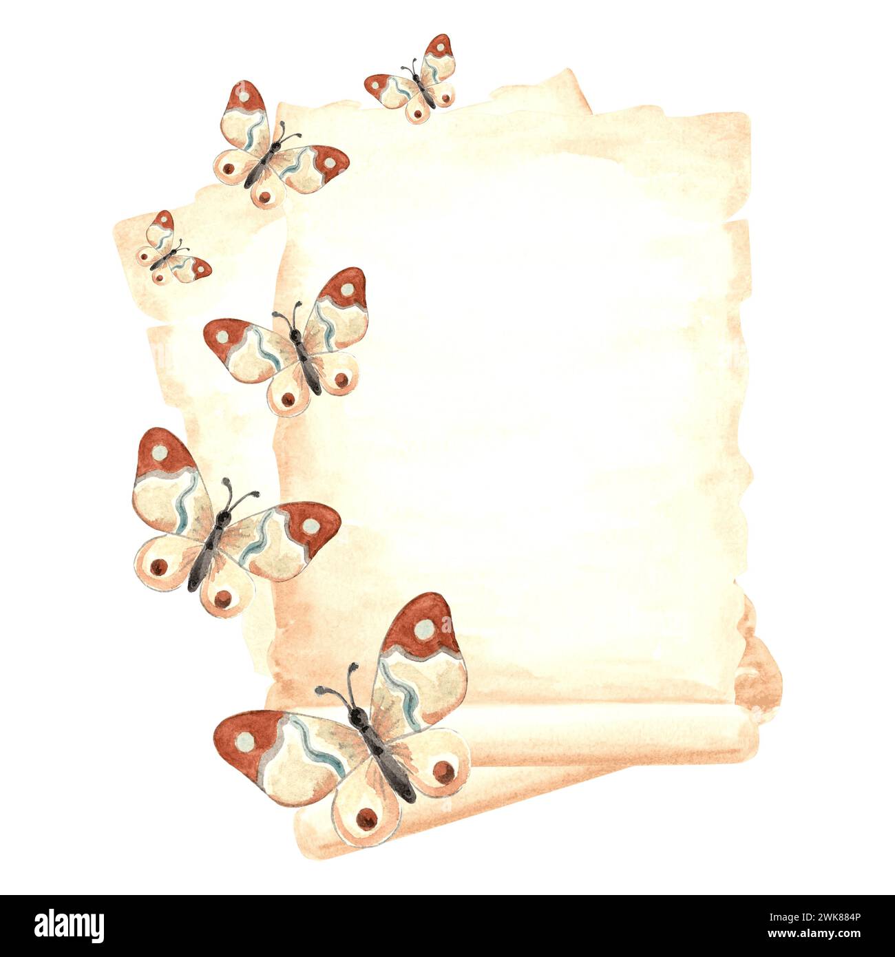 Blätter aus handgeschriebenem Vintage-Pergamentpapier mit flatternden Schmetterlingen. Handgezeichnete Aquarellillustration. Vorlage altes Schreibmaterial isoliert Stockfoto