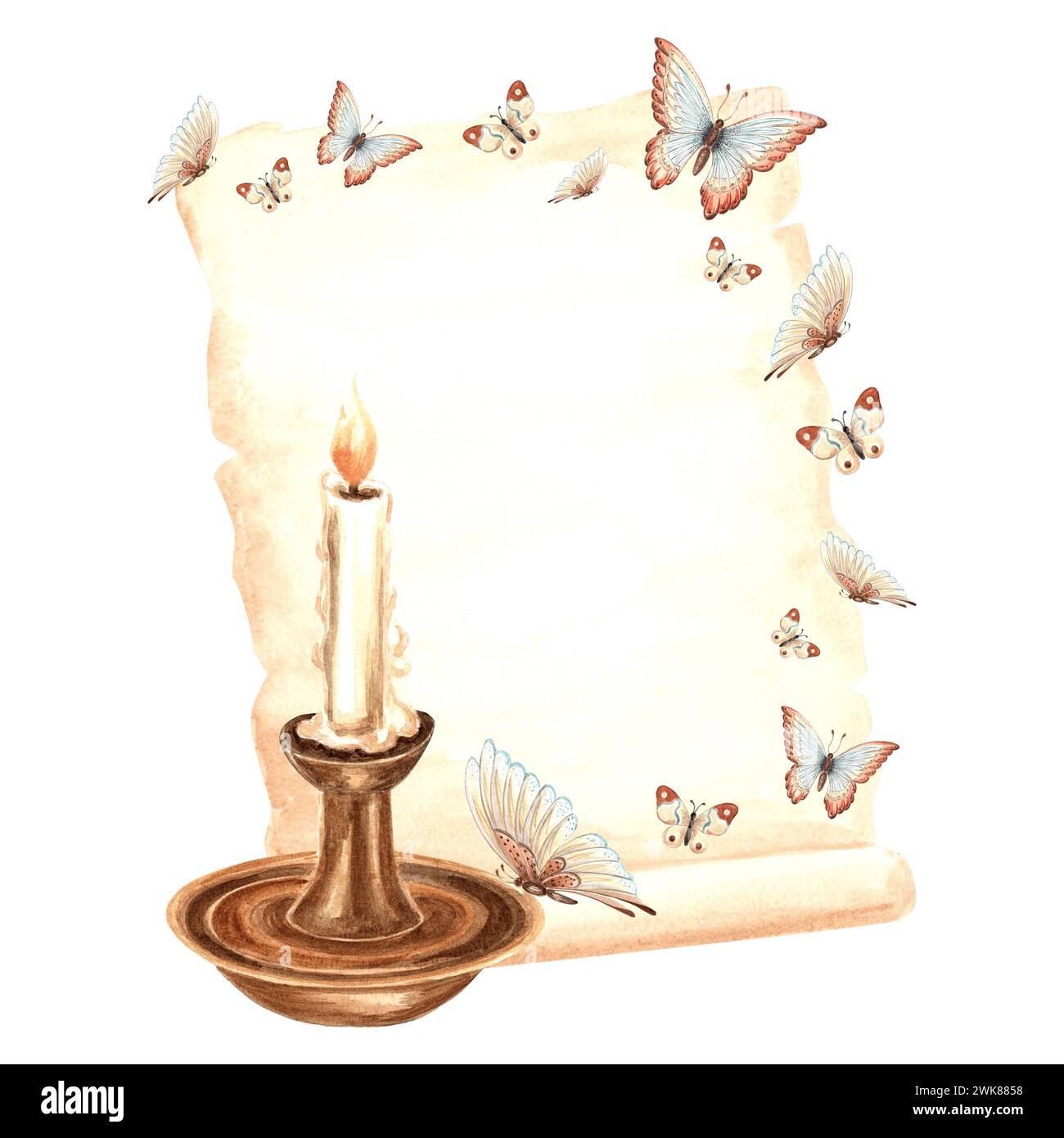 Handgeschriebenes Pergamentpapier mit flatternden Schmetterlingen, brennender Kerze im Kerzenhalter. Handgezeichnete Aquarellillustration. Isolierter Retro-Ko Stockfoto