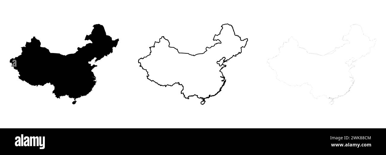 Silhouette des China Country. Set aus 3 hochdetaillierten Karten. Durchgehende schwarze Silhouette, dicker schwarzer Umriss und dünner schwarzer Umriss. Vektorillustration isoliert auf weißem Hintergrund. Stock Vektor