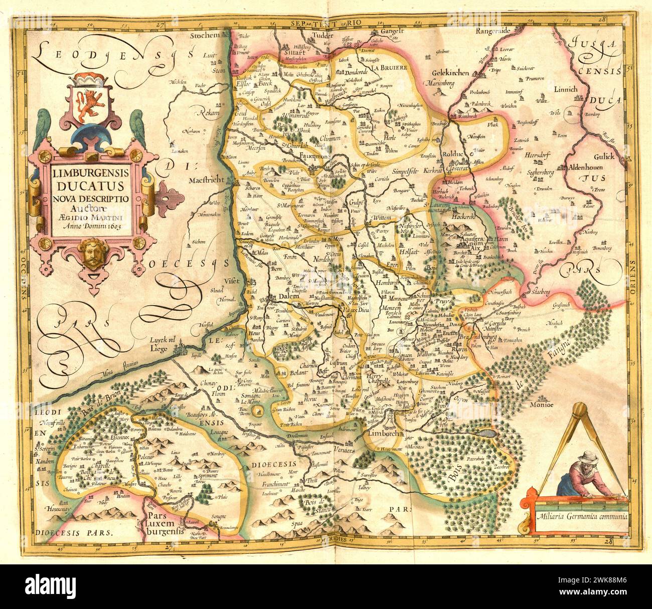 Atlas, Karte von 1623, Limburg, Belgien, digital restaurierte Reproduktion einer Gravur von Gerhard Mercator, geboren als Gheert Cremer, 5. März 1512 - 2. Dezember 1594, Geografin und Kartograf / Landkarte aus dem Jahre 1623, Limburgensis, Limburg, Belgien, digitale Restaurierte Reproduktion von einem Kupferstich von Gerhard Mercator, Geboren als Gheert Cremer, 5. Vom 1512. Bis 2. März. Dezember 1594, Geograph und Kartograf Stockfoto