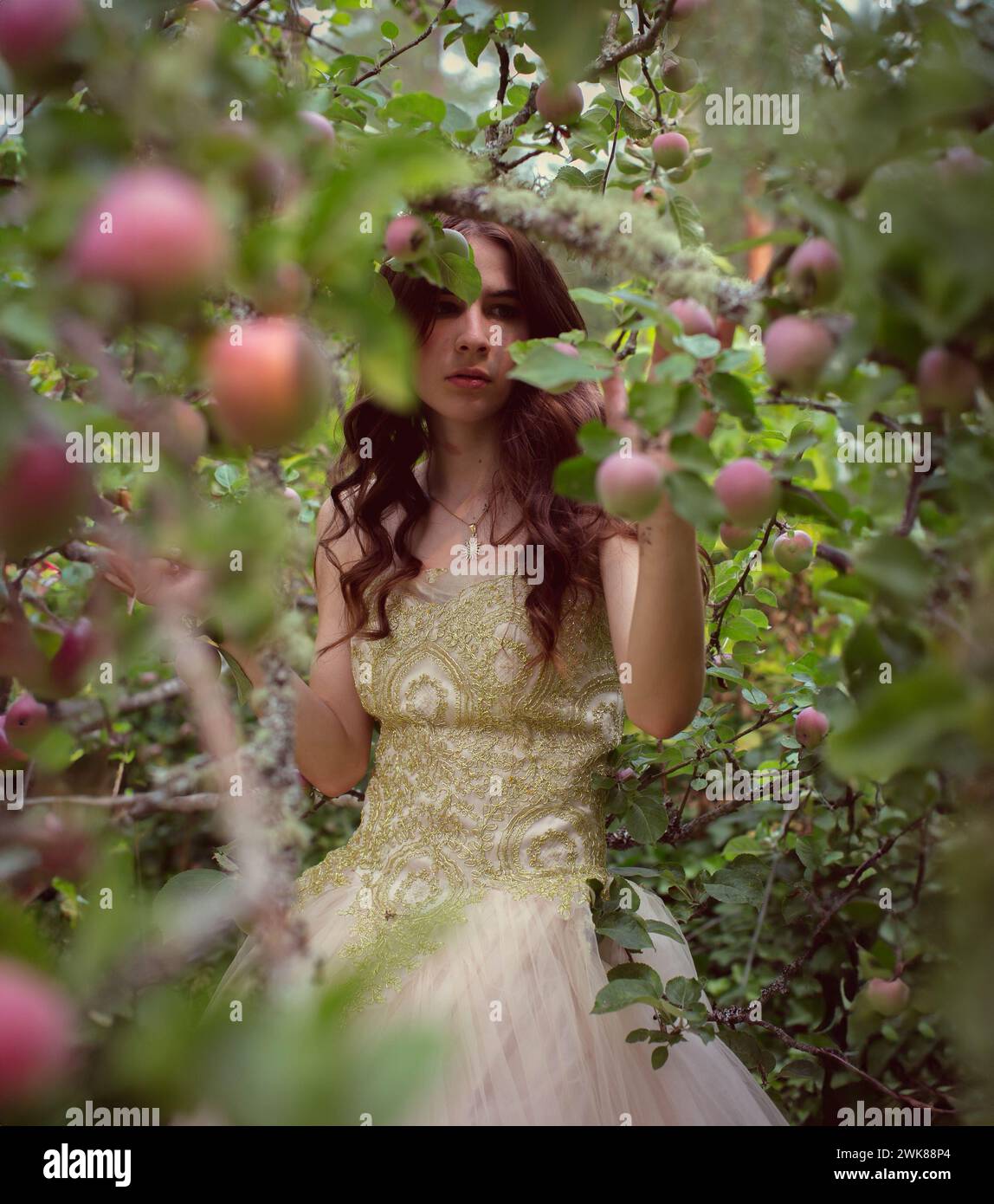 Frau im Kleid versteckt im Apfelgarten Stockfoto