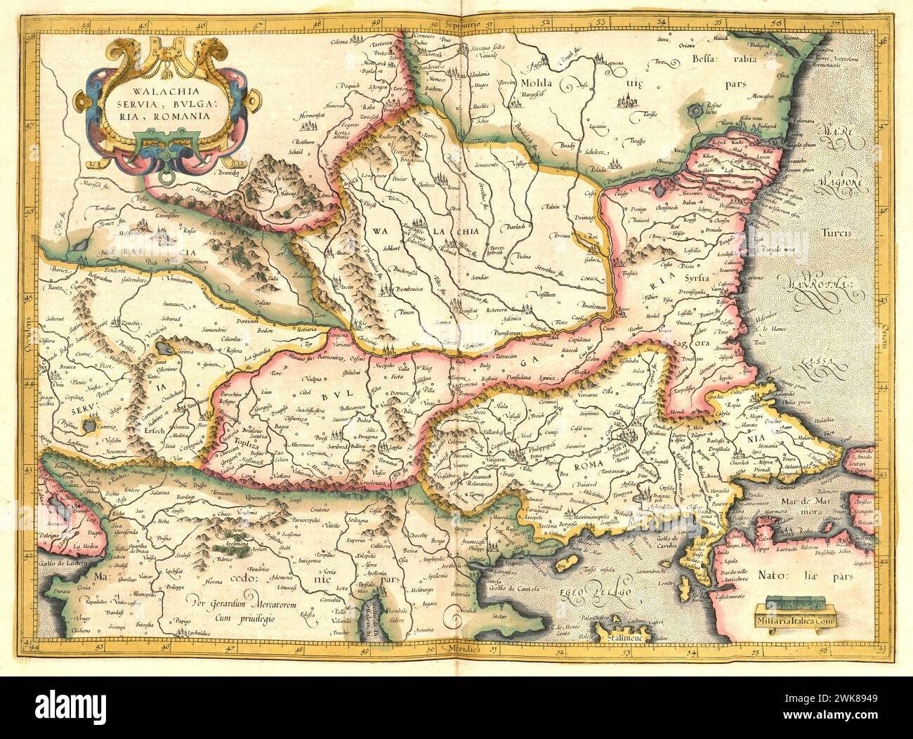 Atlas, Karte von 1623, Walachei, Serbien, Bulgarien, Rumänien, digital restaurierte Reproduktion einer Gravur von Gerhard Mercator, geboren als Gheert Cremer, 5. März 1512 - 2. Dezember 1594, Geografin und Kartographin / Landkarte aus dem Jahre 1623, Walachei, Serbien, Bulgarien, Rumänien, Digital Restaurierte Reproduktion von einem Kupferstich von Gerhard Mercator, geboren als Gheert Cremer, 5. Vom 1512. Bis 2. März. Dezember 1594, Geograph und Kartograf Stockfoto