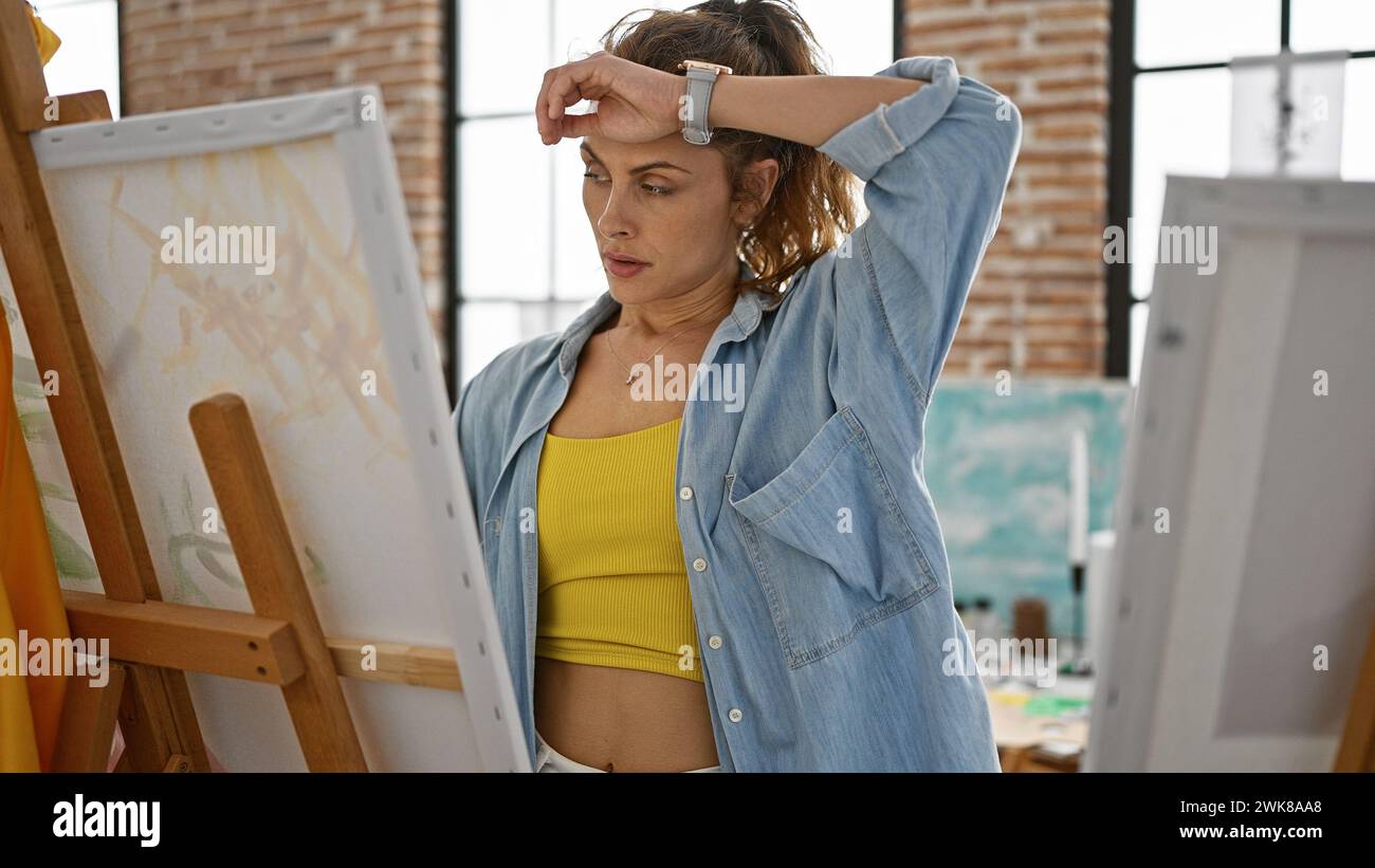 Eine nachdenkliche junge Künstlerin in einem Atelier posiert mit Hand auf der Stirn und denkt über ihr Gemälde nach. Stockfoto