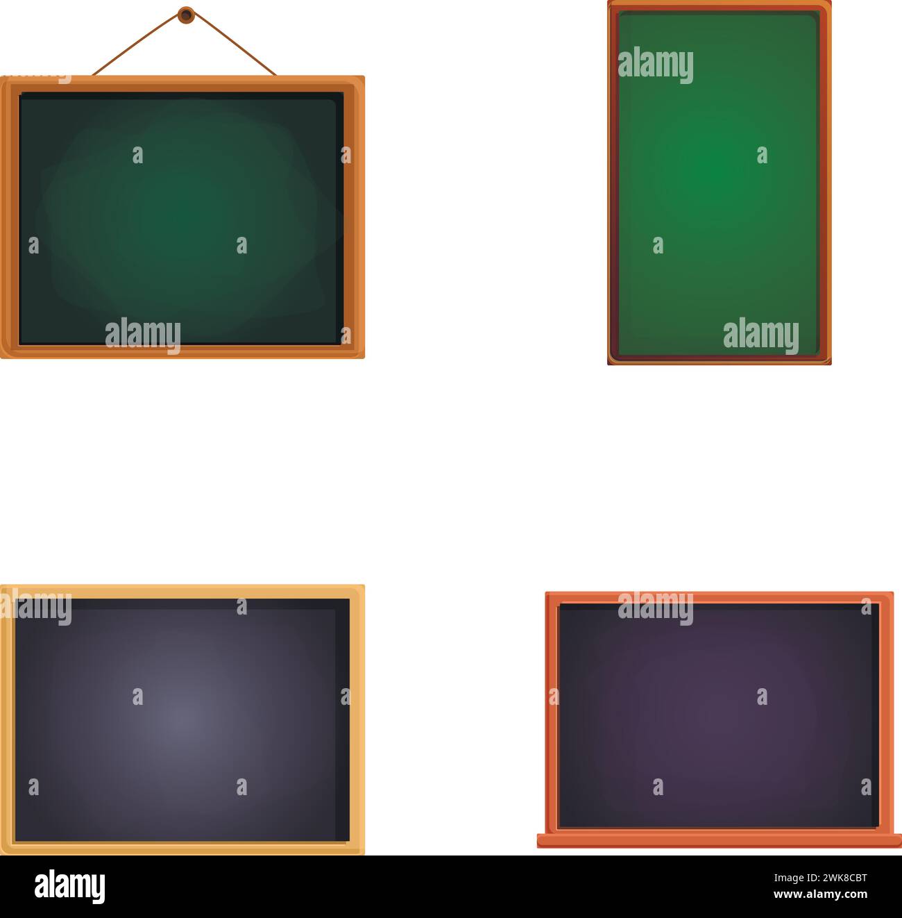 Symbole für Schwarze Bretter legen den Cartoon-Vektor fest. Schwarze und grüne Tafel in Holzrahmen. Schulausrüstung Stock Vektor