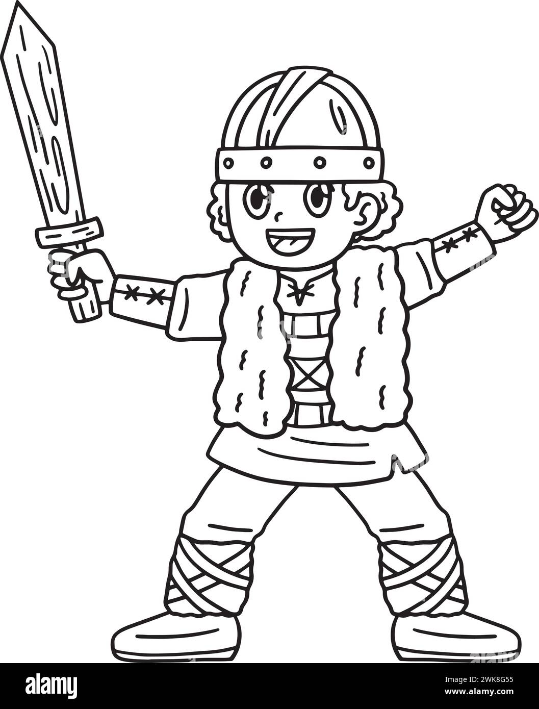 Wikingerkind mit Holzschwert isolierte Färbung Stock Vektor