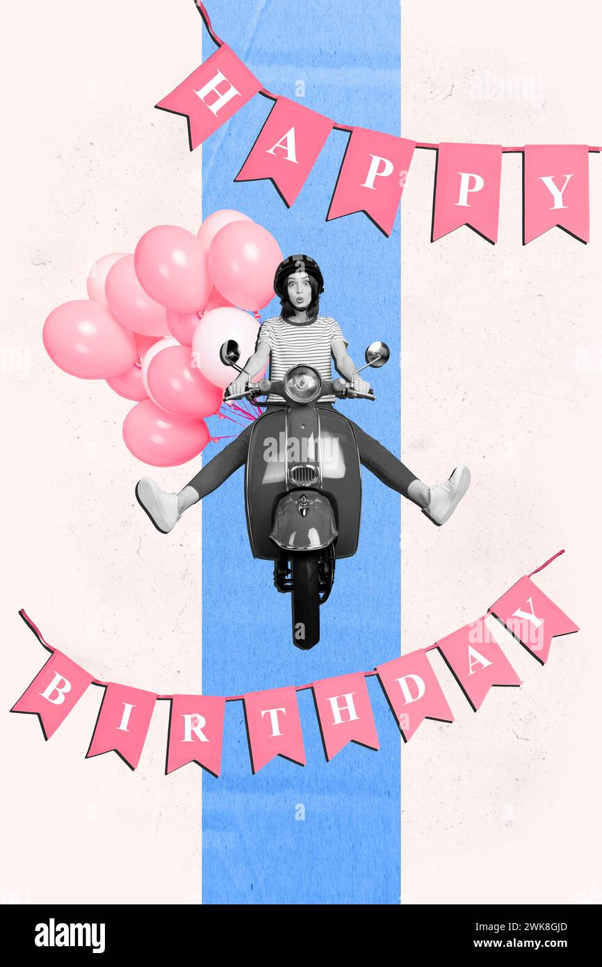 Vertikales kreatives Collage-Bild junge staunte Mädchen fahren Roller liefern Ballons Happy Birthday Party Event Zeichnung Hintergrund Stockfoto