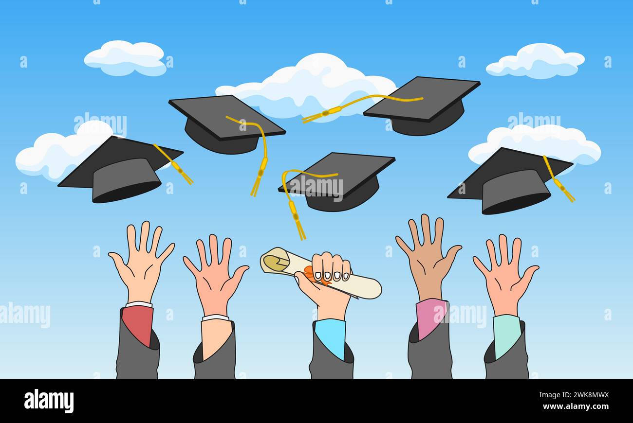 Studentenhände, die Graduiertenhüte in die Luft werfen, mit blauem Himmel und Wolken im Hintergrund. Vektorabbildung. Stock Vektor