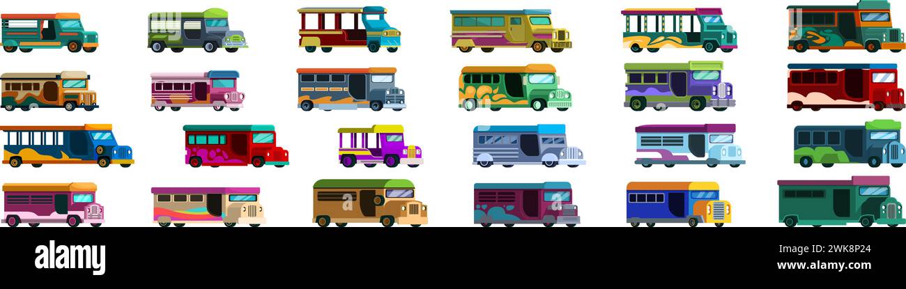 Jeepney Icons setzen Cartoon Vektor. Reise-Sommertourismus. City Jeep Road Stock Vektor